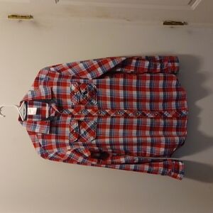 Disney Parks Mens S Graphic Shirt Red Plaid Pearl Snaps Mackey mouse emb…